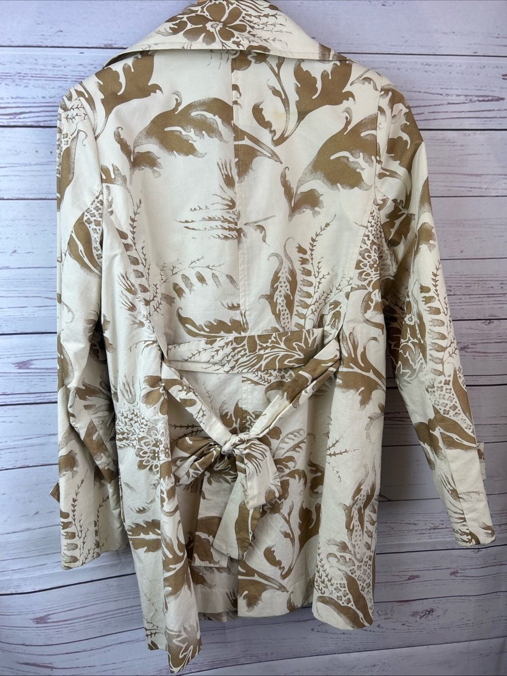 CAbi Sz Med Double Breasted WIMBLEDON TRENCH COAT Tie Belt Gold Print LINED 461 - Picture 4 of 6